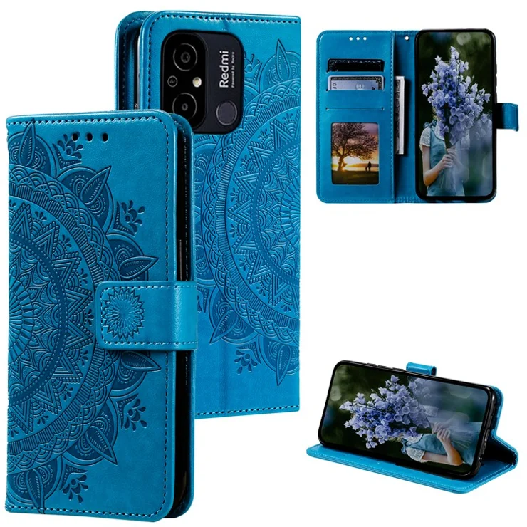 For Xiaomi Redmi Note 12S 4G PU Leather Wallet Phone Case Mandala Flower Imprint Anti-drop Stand Cover - Blue
