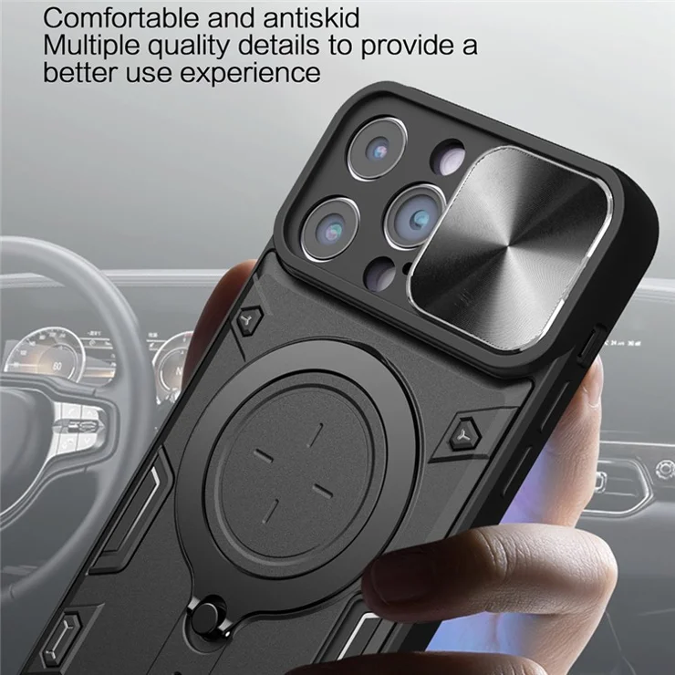 For iPhone 11 Pro Max Slide Camera Lid Drop-proof Cover Rotatable Kickstand PC + TPU Phone Case - Pink