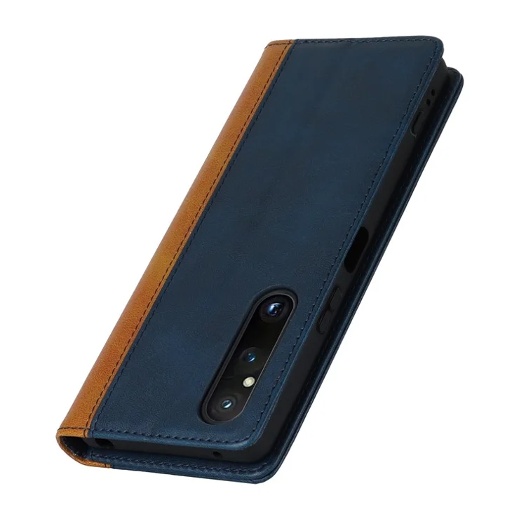 For Sony Xperia 1 V PU Leather Wallet Case Flip Stand Bi-color Splicing Phone Cover - Blue+Yellow