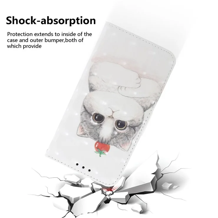 For Nokia C32 Pattern Design Folio Cover PU Leather Stand Wallet Phone Case with Strap - Cute Cat