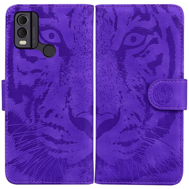 For Nokia C22 PU Leather Case Wallet Stand Shell Tiger Imprinted Pattern Phone Cover - Purple