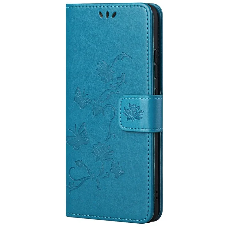 Leather Phone Case for Xiaomi Redmi Note 12S 4G Butterfly Flower Imprinted Flip Stand Wallet Cover - Blue