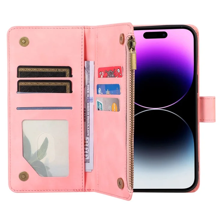 For iPhone 13 Pro Max 6.7 inch PU Leather 9 Card Slots Wallet Phone Case Imprinted Zipper Pocket Flip Stand Cover - Rose Gold