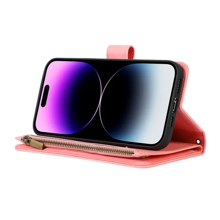 For iPhone 14 Pro Max PU Leather 9 Card Slots Phone Case Imprinted Zipper Pocket Wallet Cover with Stand - Rose Gold