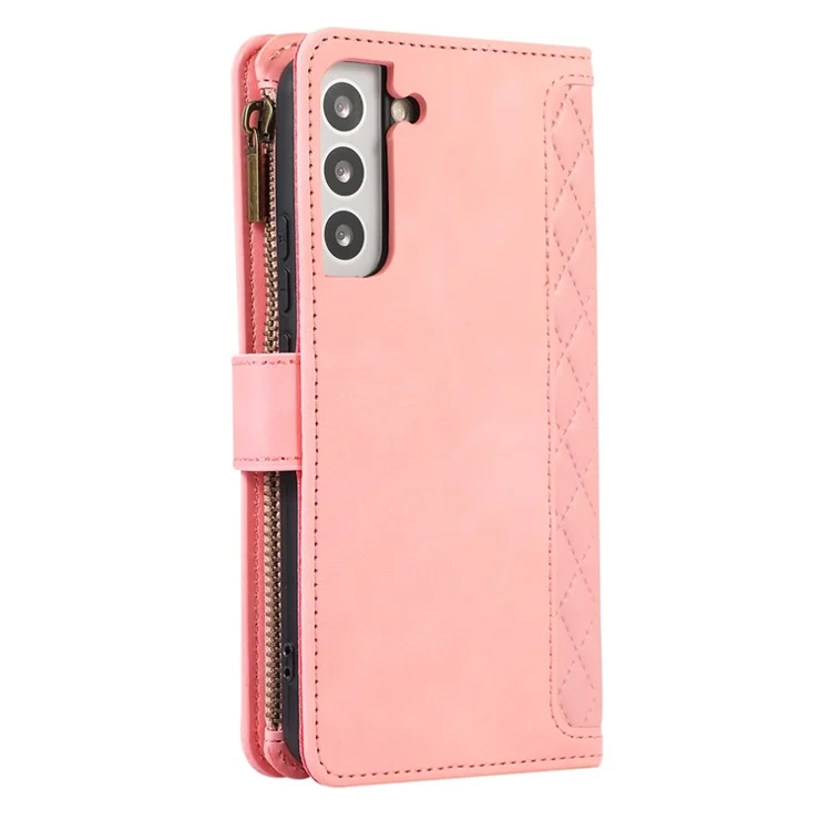 Leather Phone Case for Samsung Galaxy S22+ 5G 9 Card Slots Zipper Pocket Rhombus Imprint Stand Wallet Cover - Rose Gold