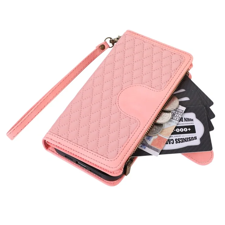 Leather Phone Case for Samsung Galaxy S22+ 5G 9 Card Slots Zipper Pocket Rhombus Imprint Stand Wallet Cover - Rose Gold