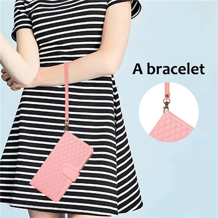 Leather Phone Case for Samsung Galaxy S22+ 5G 9 Card Slots Zipper Pocket Rhombus Imprint Stand Wallet Cover - Rose Gold