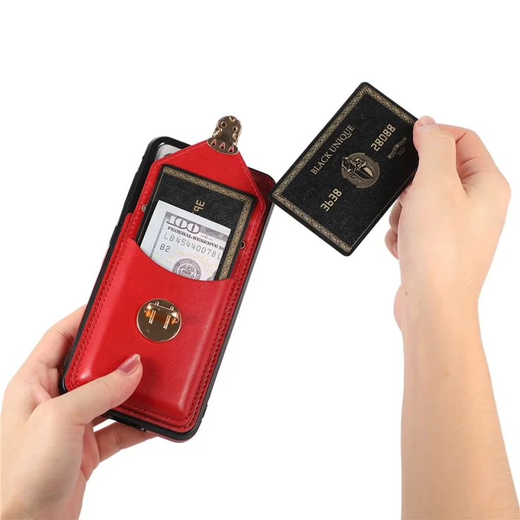 Card Holder Case for Samsung Galaxy S22+ 5G Kickstand PU Leather+TPU Phone Cover with Shoulder Strap - Red
