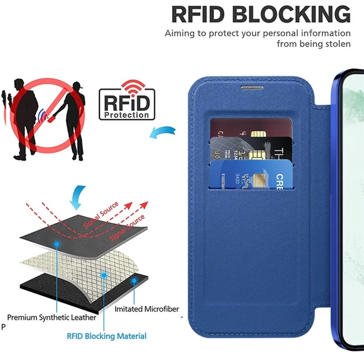 For Samsung Galaxy S22+ 5G Card Holder Phone Case Compatible with MagSafe Leather+TPU RFID Blocking Phone Cover - Sapphire