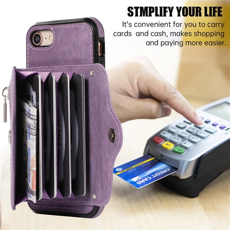 For iPhone 7 / 8 / SE (2020) / SE (2022) RFID Blocking Card Bag Phone Case Kickstand PU Leather+TPU Cover - Purple