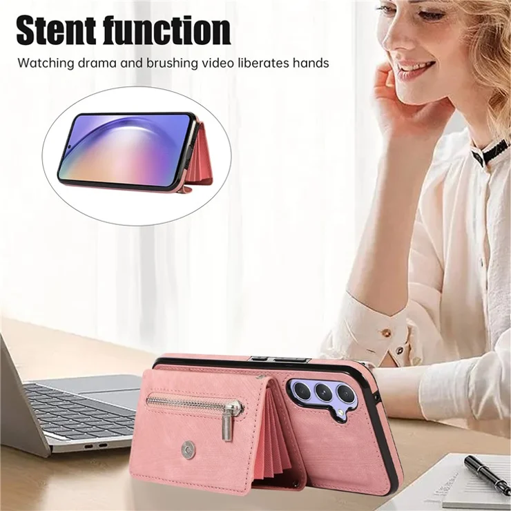 For Samsung Galaxy A14 4G / 5G Phone Carrying Pouch RFID Blocking Card Bag Kickstand PU Leather+TPU Case - Rose Gold