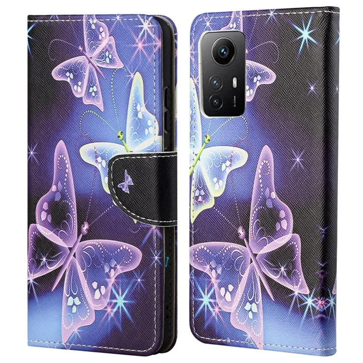 For Xiaomi Redmi Note 12S 4G Pattern Printing Leather Cellphone Case Wallet Stand Phone Cover - Sparkling Butterflies