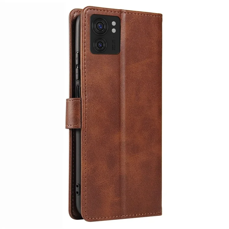 For Motorola Edge 40 5G Leather Phone Wallet Case Calf Texture Stand Phone Cover with Strap - Brown