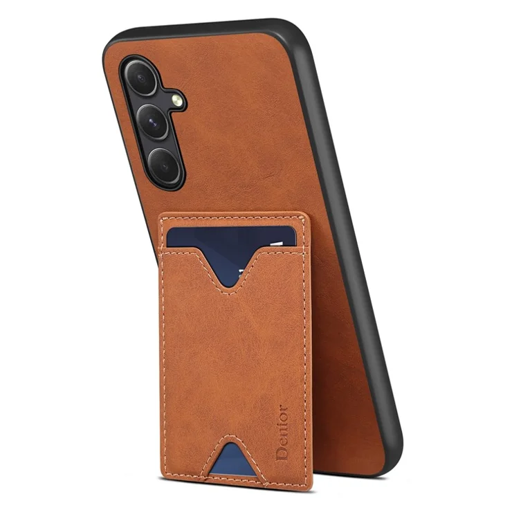 DENIOR PU Leather Coated TPU Cover for Samsung Galaxy A14 4G / 5G Kickstand Card Slot Phone Case - Brown