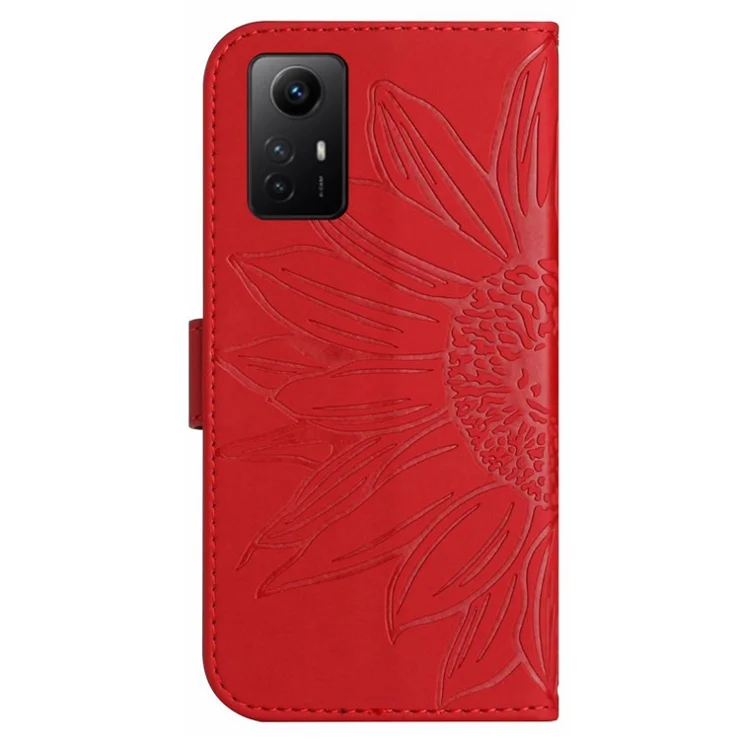 HT04 For Xiaomi Redmi Note 12S 4G Leather Stand Wallet Cover Sunflower Imprinted Phone Case with Shoulder Strap - Red