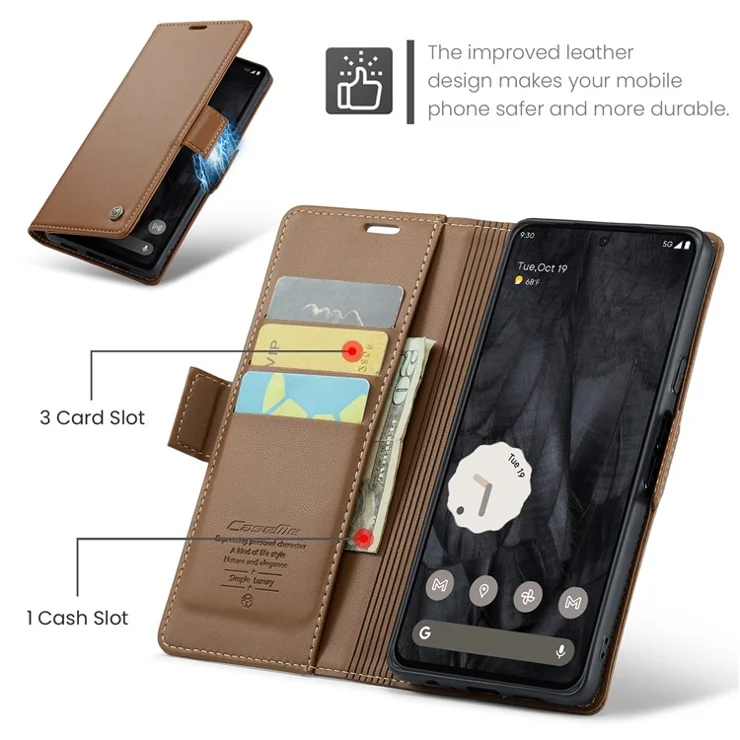 For Google Pixel 8 Pro Leather Case CASEME 023 RFID Blocking 3 Card Slot Mobile Cover - Brown