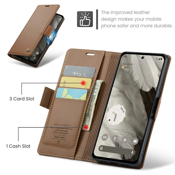 For Google Pixel 8 Leather Case CASEME 023 RFID Blocking 3 Card Slot Mobile Cover - Brown