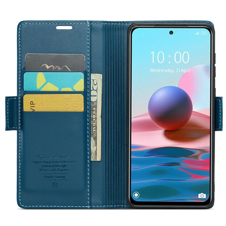 For Xiaomi Redmi Note 10 4G / Note 10S 4G Leather Case CASEME 023 RFID Blocking 3 Card Slot Mobile Cover - Blue