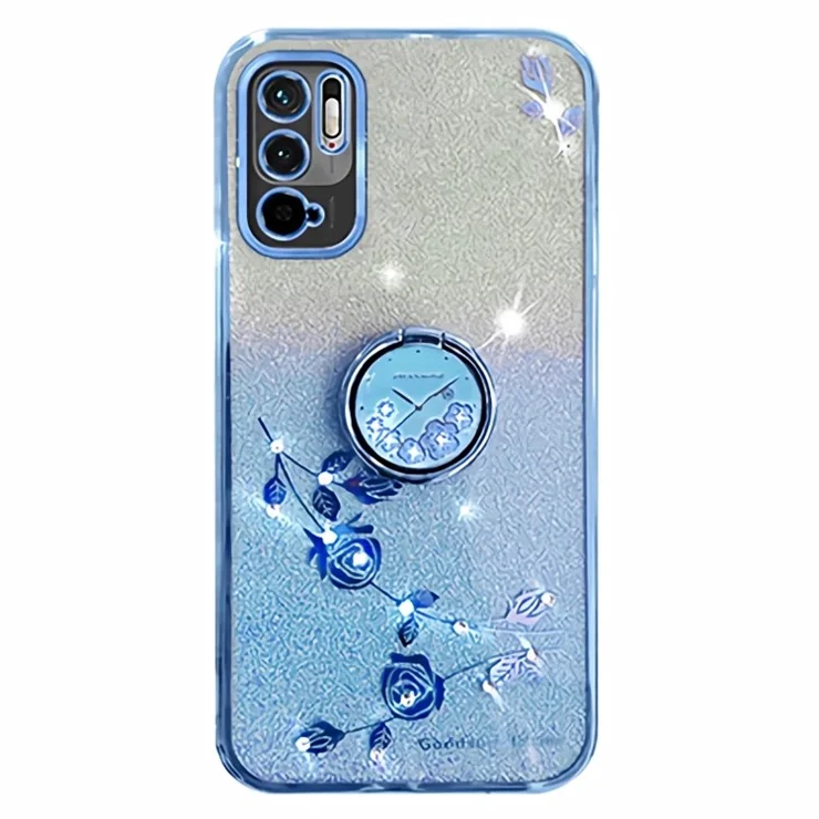 KADEM Protective Case for Xiaomi Redmi Note 10 5G Kickstand Phone Shell Rhinestone Flower TPU Cover - Blue