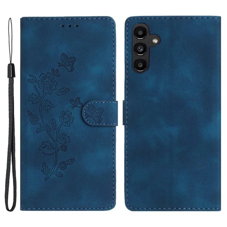For Samsung Galaxy A14 5G Flower Imprinted Phone Case Leather Wallet Flip Stand Cover - Blue