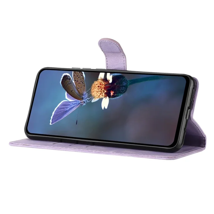 For Samsung Galaxy S22+ 5G Flower Imprint Phone Case Leather Wallet Stand Protective Shell - Purple