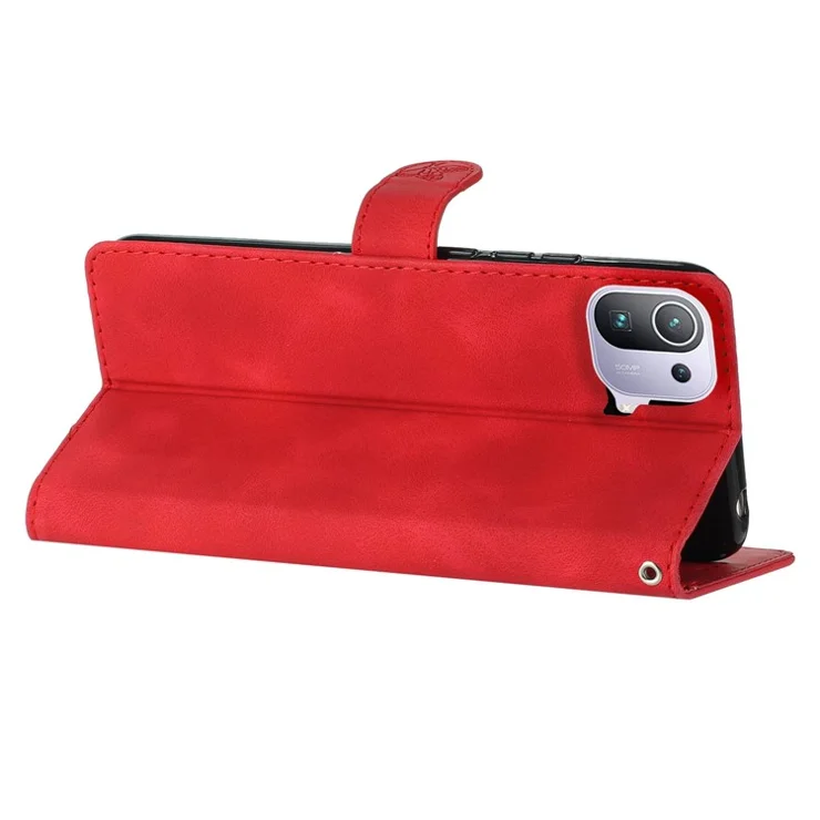 Imprinted Flower Phone Case for Xiaomi Mi 11 Pro , Shockproof Wallet Stand PU Leather Phone Cover - Red