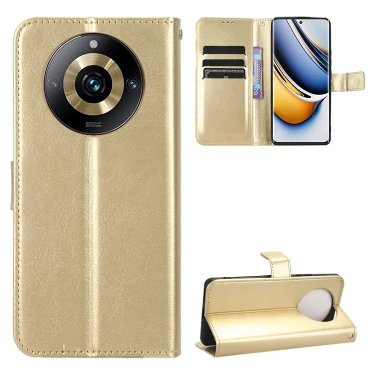 Phone Leather Case for Realme 11 Pro+ 5G / 11 Pro 5G , Crazy Horse Texture Stand Wallet Phone Cover - Gold
