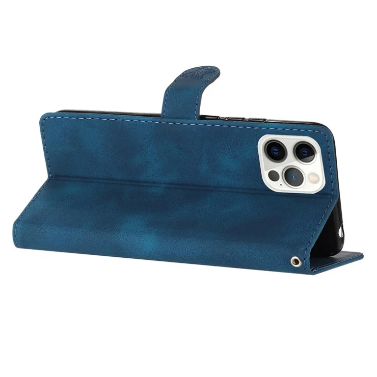 For iPhone 12 / 12 Pro 6.1 inch Flower Imprint Shockproof Cover Leather Wallet Stand Cell Phone Case - Blue
