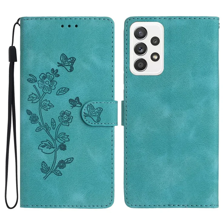 For Samsung Galaxy A32 5G / M32 5G Full Protection Leather Phone Case Flower Imprint Wallet Stand Cover - Sky Blue