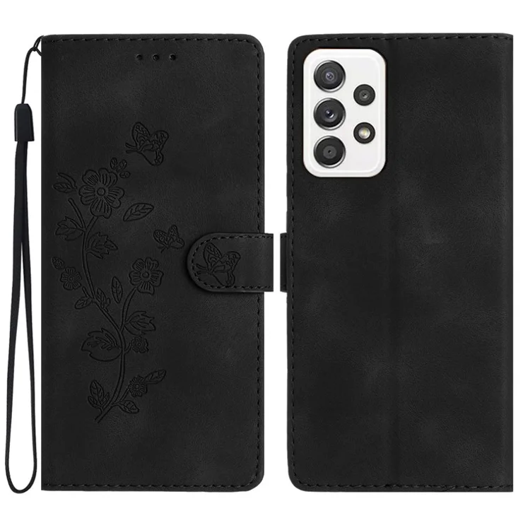 For Samsung Galaxy A52 4G / 5G / A52s 5G Leather Case Flower Imprint Wallet Stand Cell Phone Cover - Black