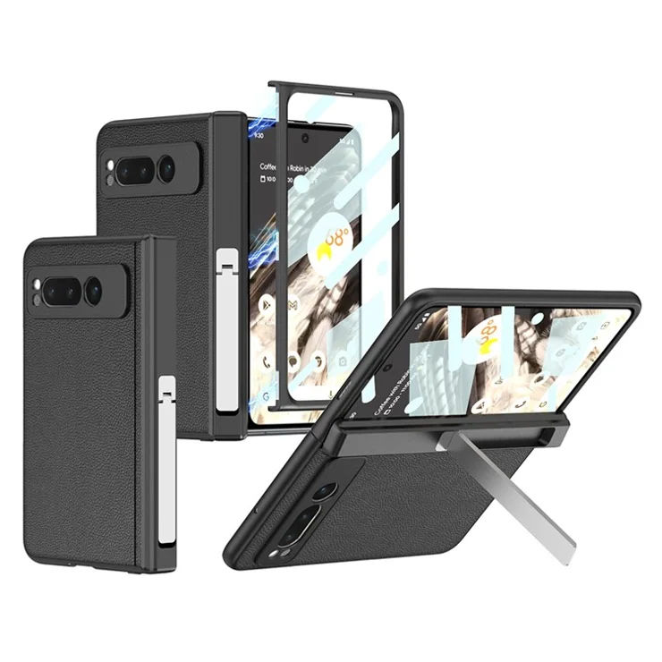 For Google Pixel Fold Magnetic Hinge Protection Phone Case PU Leather+PC Cover with Tempered Glass Film - Leather Texture / Black