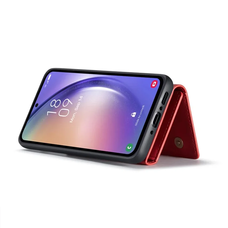 DG.MING M1 Series For Samsung Galaxy A14 5G / A14 4G Magnetic Wallet Kickstand Phone Case PC+TPU Leather Coated Back Cover - Red