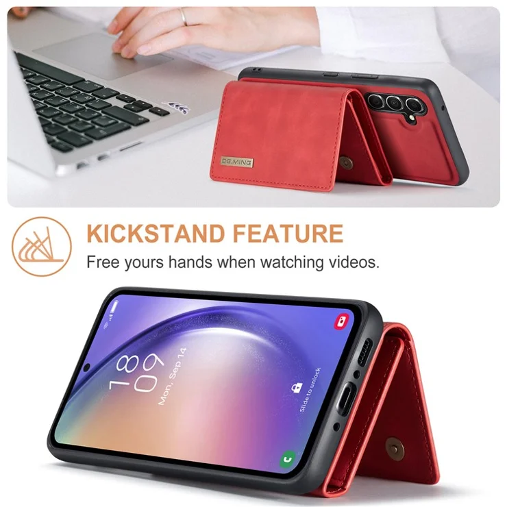 DG.MING M1 Series For Samsung Galaxy A14 5G / A14 4G Magnetic Wallet Kickstand Phone Case PC+TPU Leather Coated Back Cover - Red