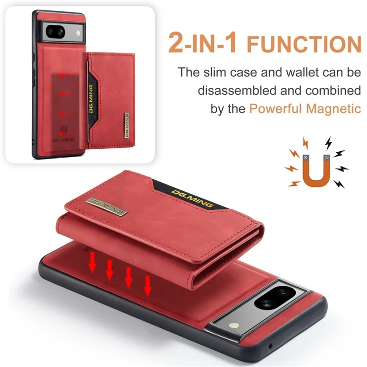 DG.MING M2 Series for Google Pixel 7a Detachable Back Cover PU Leather Coated PC+TPU Kickstand Wallet Phone Case - Red
