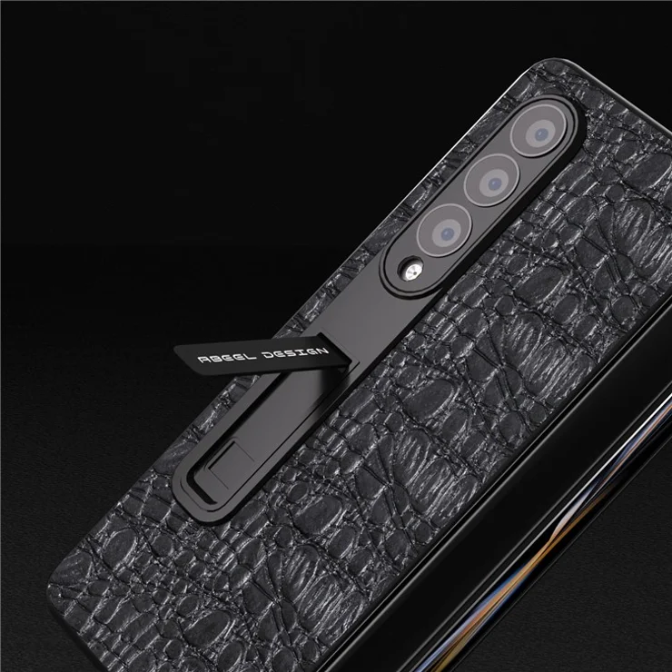 ABEEL For Samsung Galaxy Z Fold4 5G Kickstand Cover Genuine Cow Leather+PC Texture Phone Case with Tempered Glass Film - Black