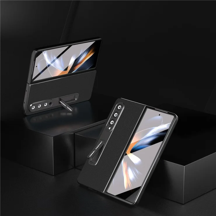 ABEEL For Samsung Galaxy Z Fold4 5G Protective Texture Phone Case Genuine Cow Leather+PC Kickstand Cover with Tempered Glass Film - Black