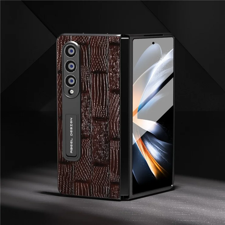 ABEEL For Samsung Galaxy Z Fold4 5G Genuine Cow Leather PC Full Protective Cover Mahjong Texture Kickstand Phone Case with Screen Film - Brown
