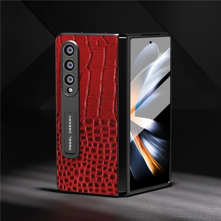 ABEEL For Samsung Galaxy Z Fold3 5G Kickstand Protective Cover Crocodile Texture Genuine Cow Leather+PC Phone Case with Screen Film - Red
