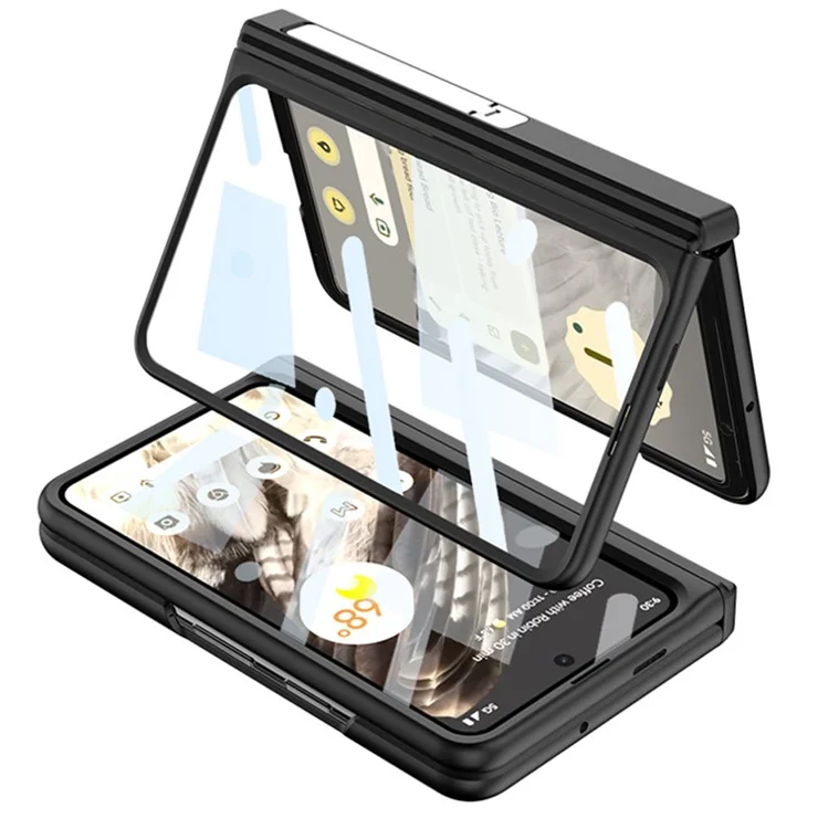 For Google Pixel Fold PU Leather+PC Cars Slot Phone Case Magnetic Hinde Protection Kickstand Cover with Tempered Glass Screen Film - Carbon Fiber Texture / Black