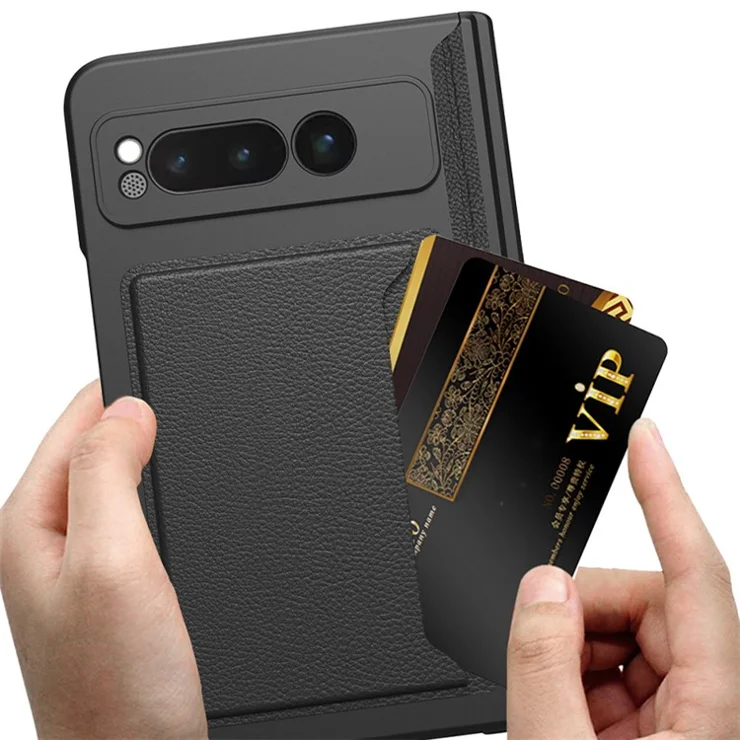 For Google Pixel Fold PU Leather+PC Cars Slot Phone Case Magnetic Hinde Protection Kickstand Cover with Tempered Glass Screen Film - Leather Texture / Black