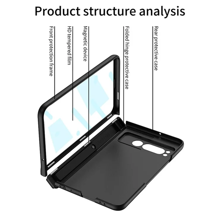 For Google Pixel Fold PU Leather+PC Cars Slot Phone Case Magnetic Hinde Protection Kickstand Cover with Tempered Glass Screen Film - Leather Texture / Black