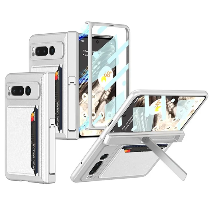 For Google Pixel Fold PU Leather+PC Cars Slot Phone Case Magnetic Hinde Protection Kickstand Cover with Tempered Glass Screen Film - Leather Texture / Silver