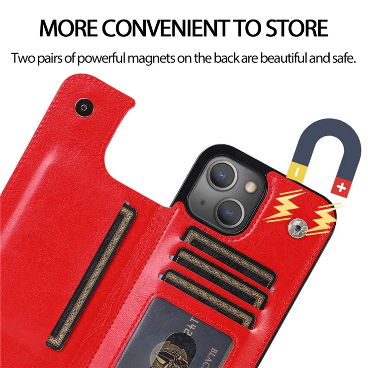 For iPhone 14 Plus PU Leather Coated TPU Phone Case Crazy Horse Texture Card Holder Kickstand Cover - Red