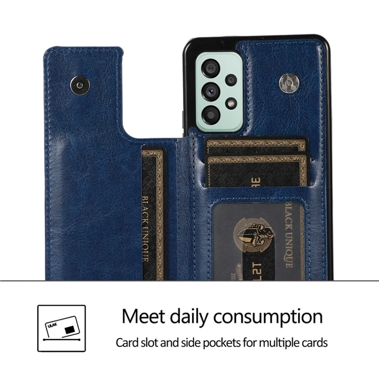 For Samsung Galaxy A53 5G Dual Buttons Card Slots Kickstand Back Cover PU Leather Coated TPU Phone Case - Blue