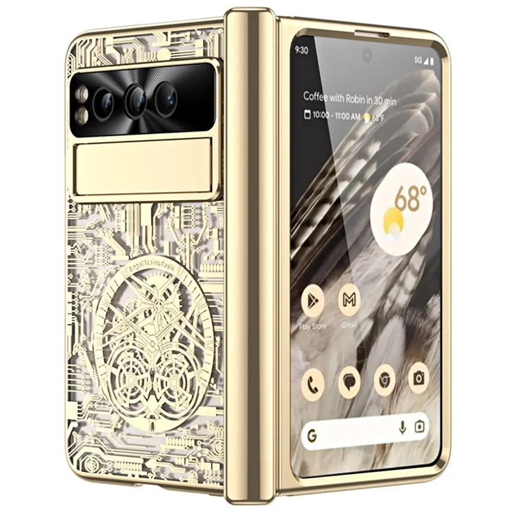 Folding PC Phone Case for Google Pixel Fold , Mechanical Legend Series Electroplating Cover with Tempered Glass Film - Gold