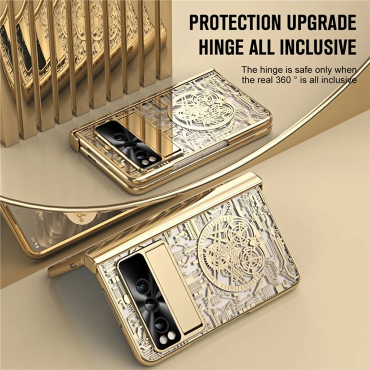 Folding PC Phone Case for Google Pixel Fold , Mechanical Legend Series Electroplating Cover with Tempered Glass Film - Gold