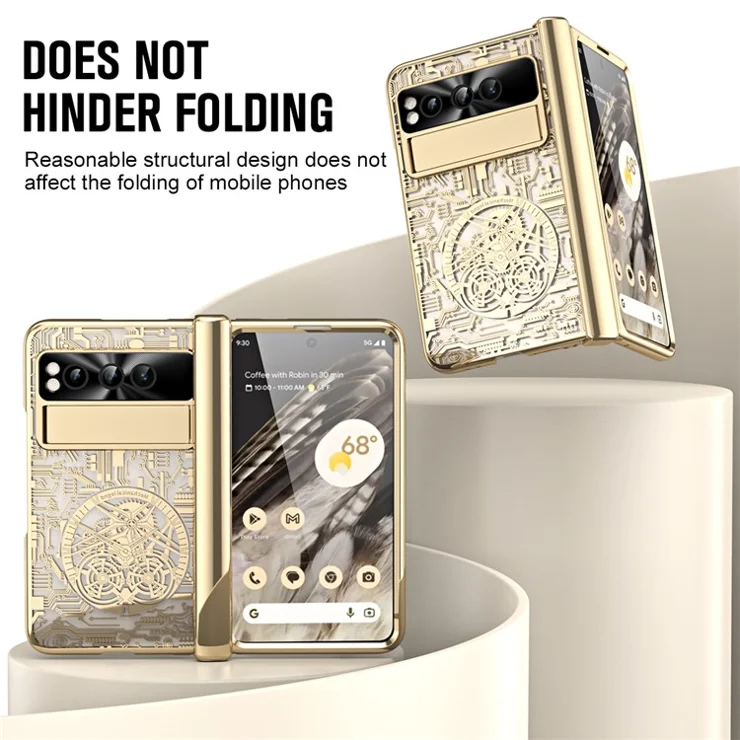 Folding PC Phone Case for Google Pixel Fold , Mechanical Legend Series Electroplating Cover with Tempered Glass Film - Gold