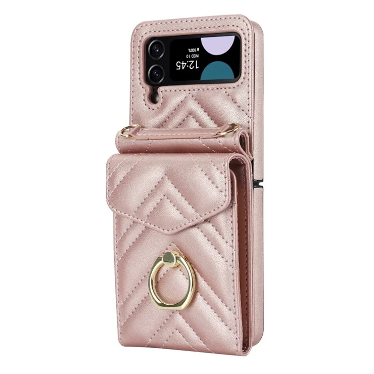 ZD 011 Card Bag Phone Case for Samsung Galaxy Z Flip3 5G, Ring Kickstand RFID Blocking Leather+PC Cover - Rose Gold