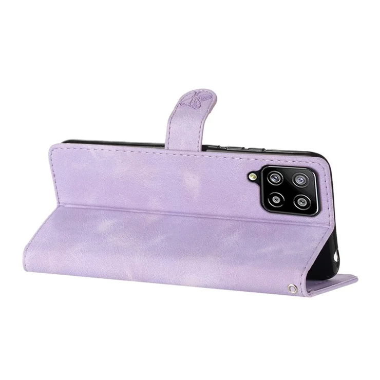 For Samsung Galaxy M53 5G Anti-drop Phone Case Imprinted Flower Wallet Stand Leather Cellphone Cover - Purple