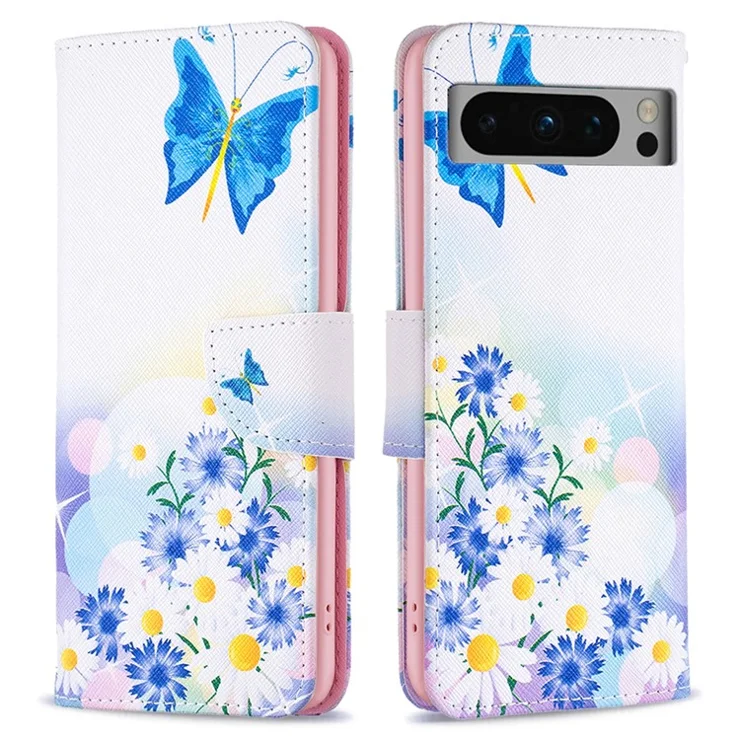For Google Pixel 8 Pro Flip Stand Phone Case Pattern Printing PU Leather Wallet Cover - Butterfly and Flowers